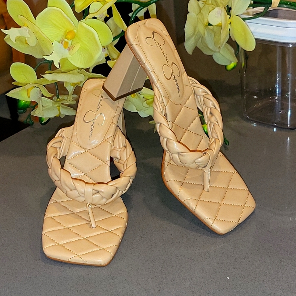 Braided thong chunky heel sandals by Jessica Simpson